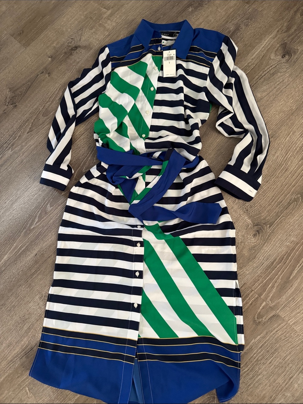 Ralph Lauren Striped Button-Down Shirt Dress with Green Accent